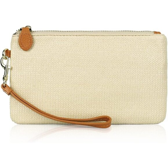 HOT Genuine Italian Leather Wristlet Clutch Wallet Purse-Straw Bag Tan